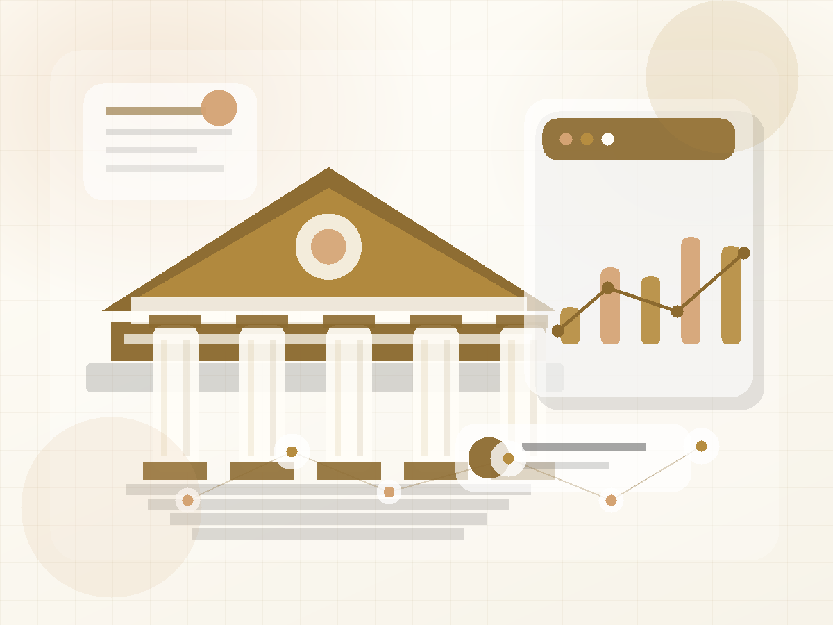 Premium academic governance visual with a university hall, policy documents, and public administration data
